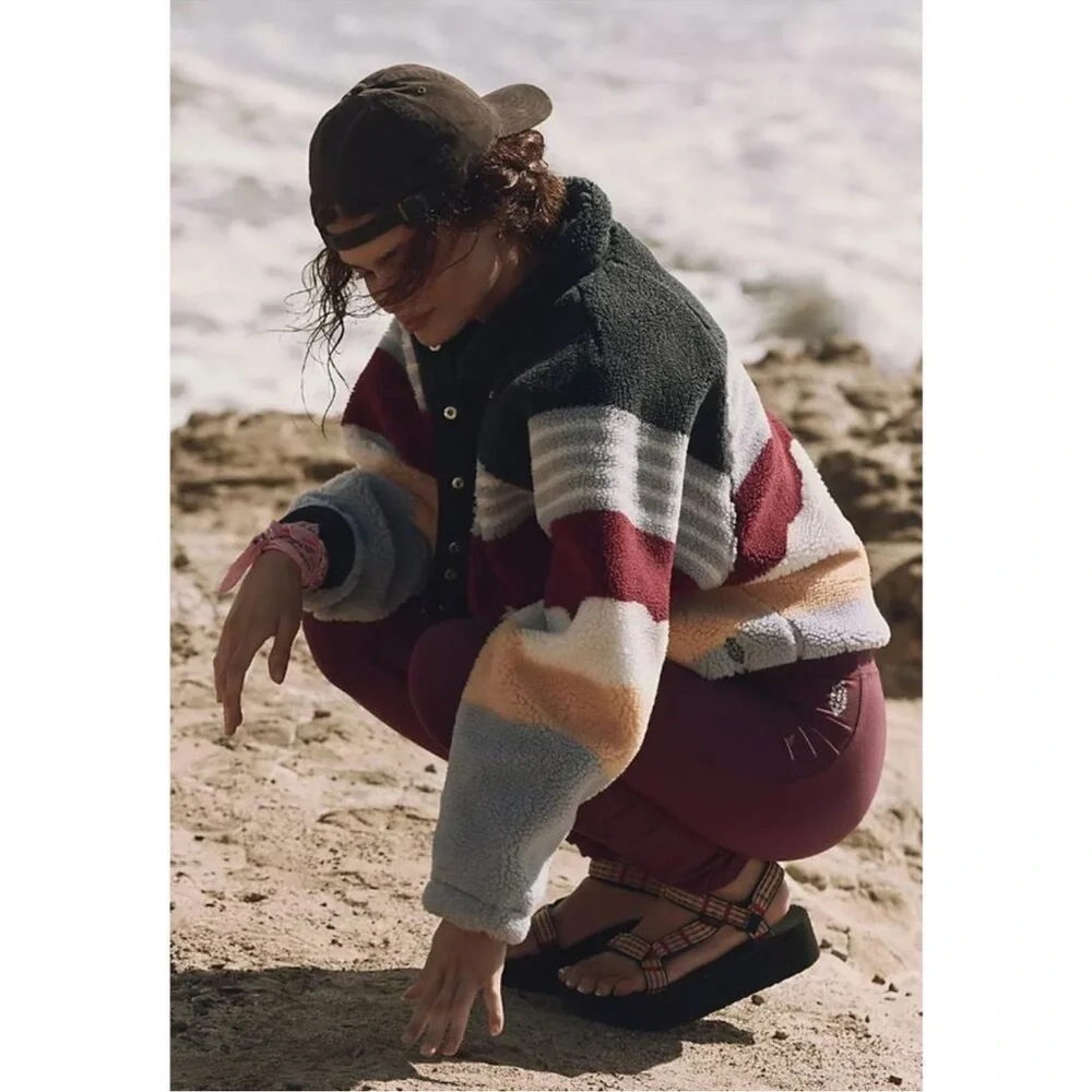 New Free People Hit The Slopes Fleece Jacket Run Stripe Papaya Combo - Picture 5 of 9